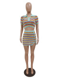Fashion Turndown Collar Short Sleeve Crop Stripe Colorblock Sexy Knitting Short Slim Fit Women's Dress