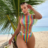 Sexy Multi-Color Sexy Lingerie Women Transparent Tight Fitting Rainbow Beach Bikini Bodysuit