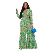 Fashion Color Contrast Printing Chiffon Long Sleeve Tie Blouse Bell Bottom Pants Two-Piece Suit For Women