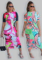 Summer Ladies Fitted Round Neck Painted Print Dress