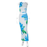 Women's Fashion Print Sleeveless Crop Tank Top Skirt Two-Piece Set