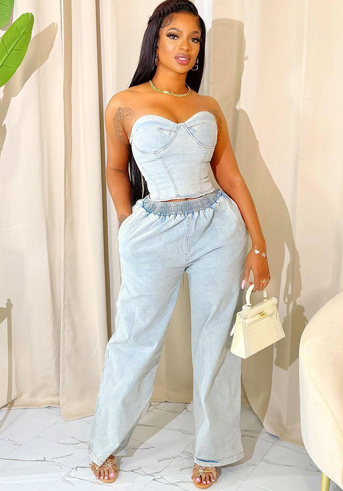 Wholesale Summer Fashion Strapless Casual Stretch Denim Two-Piece Pants ...