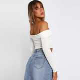 Cutout Crop Long Sleeve Square Off Shoulder Top Sexy Pleated High Stretch T-Shirt