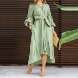 Green Dress Western Dress Fashion Casual Full Sleeve V Neck Turndown Collar Solid & Pocket Maxi Dress