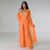 Fashion Ladies Solid Color Bat Sleeves Sexy See-Through Long Sleeve Pant Set