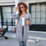 Autumn and winter women's knitting solid color pocket Maxi fashion sweater coat