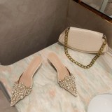 Fashion pointed pearl half drag stiletto sandals women's shoes mid-heel slippers