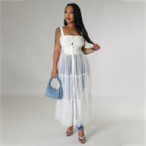 Women's Summer Strap Adjuster Single Breasted Cardigan Mesh Patchwork Dress