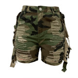 Ladies Fit Cut Torn Camouflage Tassel Shorts