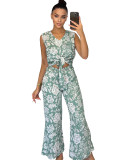 Spring Ladies Printed Lace Up Fashionable Casual Top + Pants Set