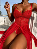 Sexy Red Mesh and Lace Patchwork Strap Babydoll Lingerie