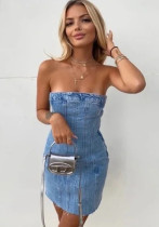 Women's Summer Sexy Short Strapless Piping Fringe Tight Fitting Denim Dress