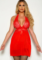 Sexy Red Mesh and Lace Patchwork Strap Chemise Lingerie