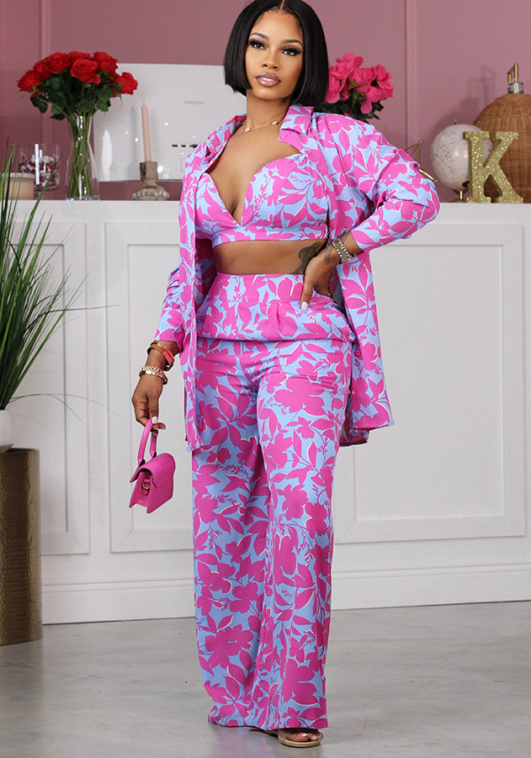 Women's Long Sleeve Sexy Printed Trousers Career Three-Piece Set