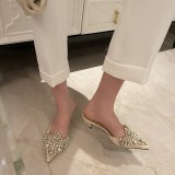 Fashion pointed pearl half drag stiletto sandals women's shoes mid-heel slippers