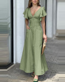 V Neck Dress Solid Color Ruffle Sleeve Maxi Dress Chic Career Slim Waist Dress