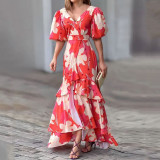 Summer Multi-Color Fashion Elegant V Neck Print Layered Dress