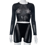 Summer see-through mesh beaded long-sleeved top shorts casual two piece set