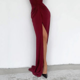 Solid Color Summer Fashion Sexy Slit V Neck Long Sleeves Solid Slim Pleated Dress