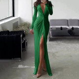 Solid Color Summer Fashion Sexy Slit V Neck Long Sleeves Solid Slim Pleated Dress