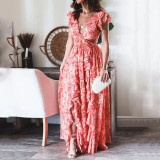 Summer summer fashion print lace pleated sleeve dress