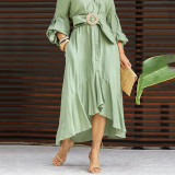 Green Dress Western Dress Fashion Casual Full Sleeve V Neck Turndown Collar Solid & Pocket Maxi Dress