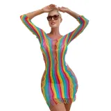 Rainbow Stripe Tassel Hollow Sexy Lingerie Women Summer Beach Bikini Dress