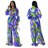 Women Printed Deep V Tie Long Sleeve Top and Pleated Pants Two-Piece Set