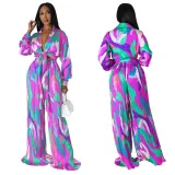 Women Printed Deep V Tie Long Sleeve Top and Pleated Pants Two-Piece Set