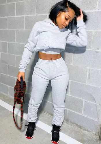 Women Fall/Winter Solid Hoodies and Pant Sport Two-Piece Set