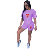 Women Short Sleeve Printed T-Shirt and Shorts Two-Piece Set