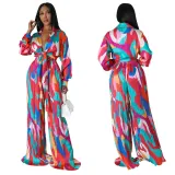 Women Printed Deep V Tie Long Sleeve Top and Pleated Pants Two-Piece Set