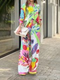 Women Long-sleeved loose-fitting shirt and high-waisted wide-leg trousers two-piece set
