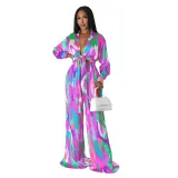 Women Printed Deep V Tie Long Sleeve Top and Pleated Pants Two-Piece Set