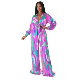 Women Printed Deep V Tie Long Sleeve Top and Pleated Pants Two-Piece Set