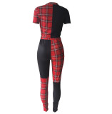 Plus Size Women Summer Plaid Contrast Print Short-sleeved Top and Trousers Two-piece Set