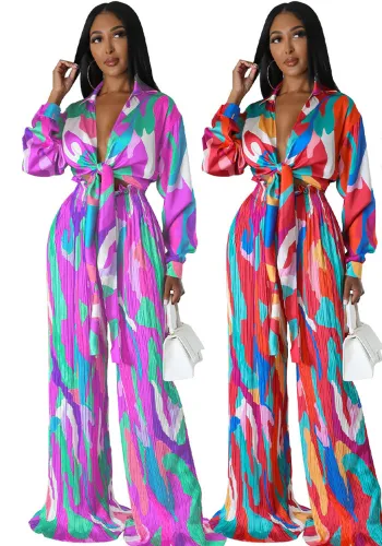 Women Printed Deep V Tie Long Sleeve Top and Pleated Pants Two-Piece Set