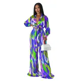 Women Printed Deep V Tie Long Sleeve Top and Pleated Pants Two-Piece Set