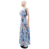 Women summer elegant chiffon sleeveless print slit dress