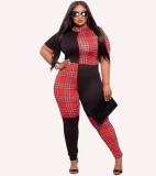 Plus Size Women Summer Plaid Contrast Print Short-sleeved Top and Trousers Two-piece Set