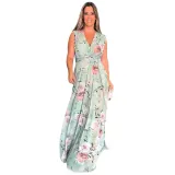 Women summer elegant chiffon sleeveless print slit dress