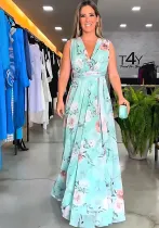 Women summer elegant chiffon sleeveless print slit dress