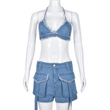 Women's Summer Sexy Fashion Cargo Pocket Shorts Wrapped Denim Bra Top Two Piece Set