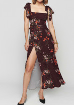 Summer Women's Sweet Style Slim-Fit Floral Slit Strap Dress
