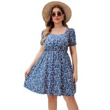 Summer Blue Square Neck Slim Waist Print Dress