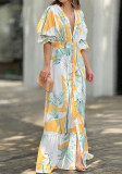 Spring Ladies Fashion Chic Elegant V-Neck Puff Sleeve Printed Dress