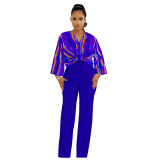 Fashion Women's V-Neck Printed Top Solid Color Straight-Leg Pants Summer Two Piece Set