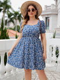 Summer Blue Square Neck Slim Waist Print Dress