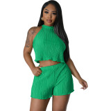 Women's Summer Casual Pleated Sleeveless Tank Shorts Two Piece Set