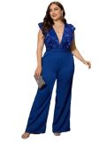 Plus Size Women's Ruffled Sleeves Sequined Patchwork Wide Leg Fashion Jumpsuit